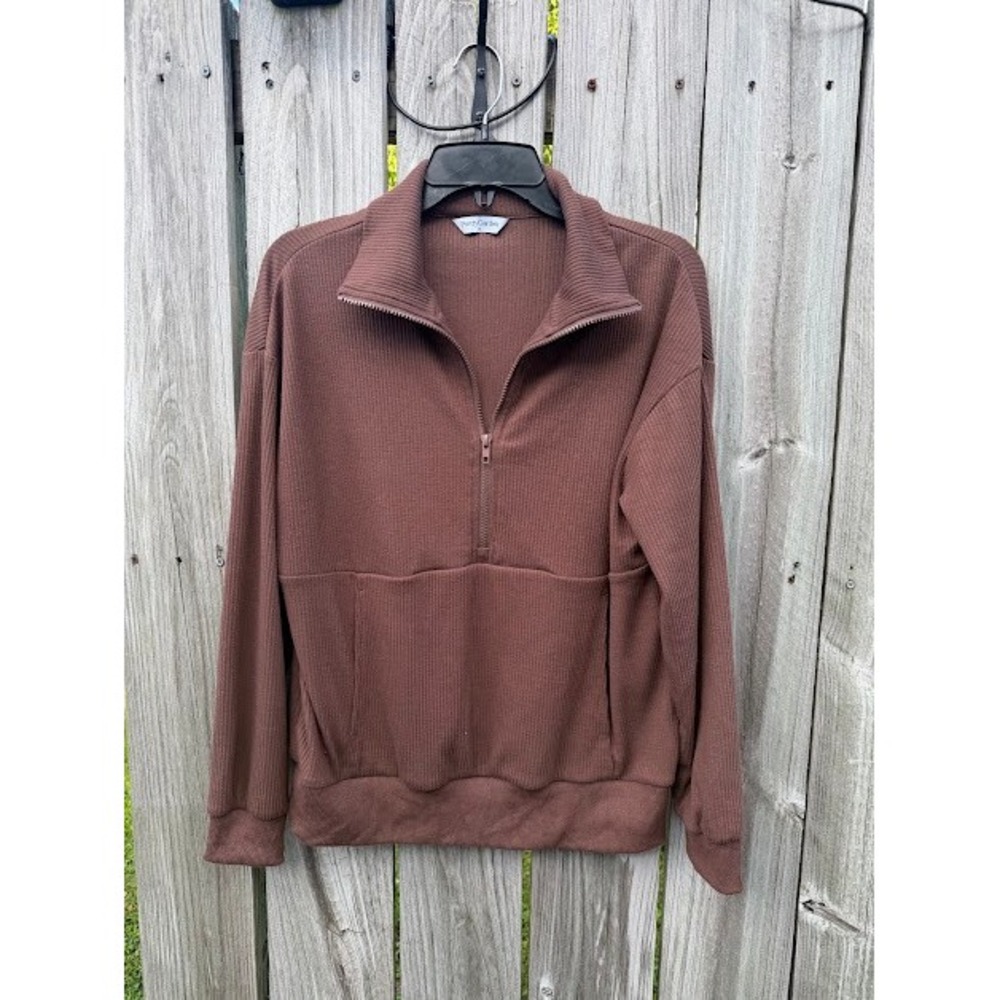 Casual PrettyGarden Pullover Womens M Brown Quarter Zip Ribbed Knit Pocket Top